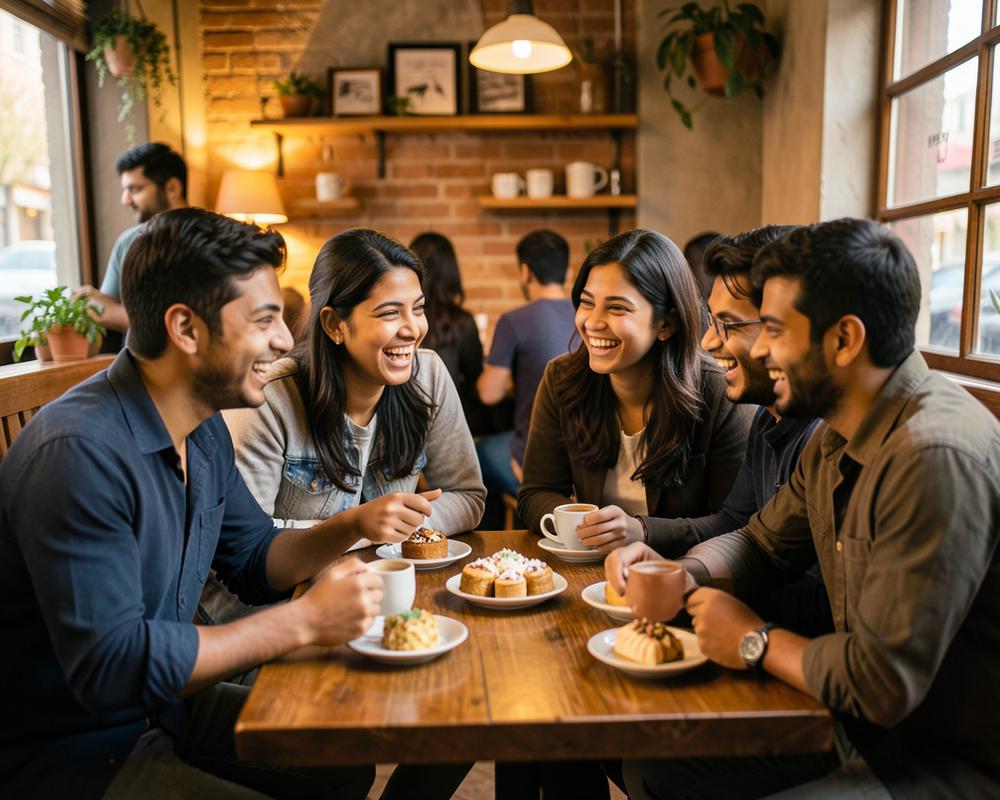 Friends laughing over coffee and desserts at The Coffee House