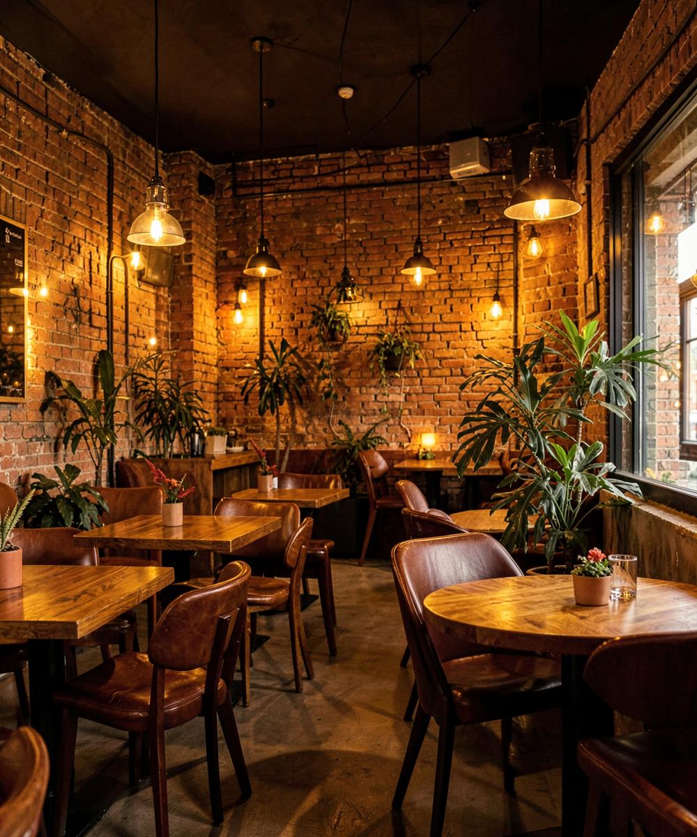 Warm interior of The Coffee House with wooden tables and pendant lights